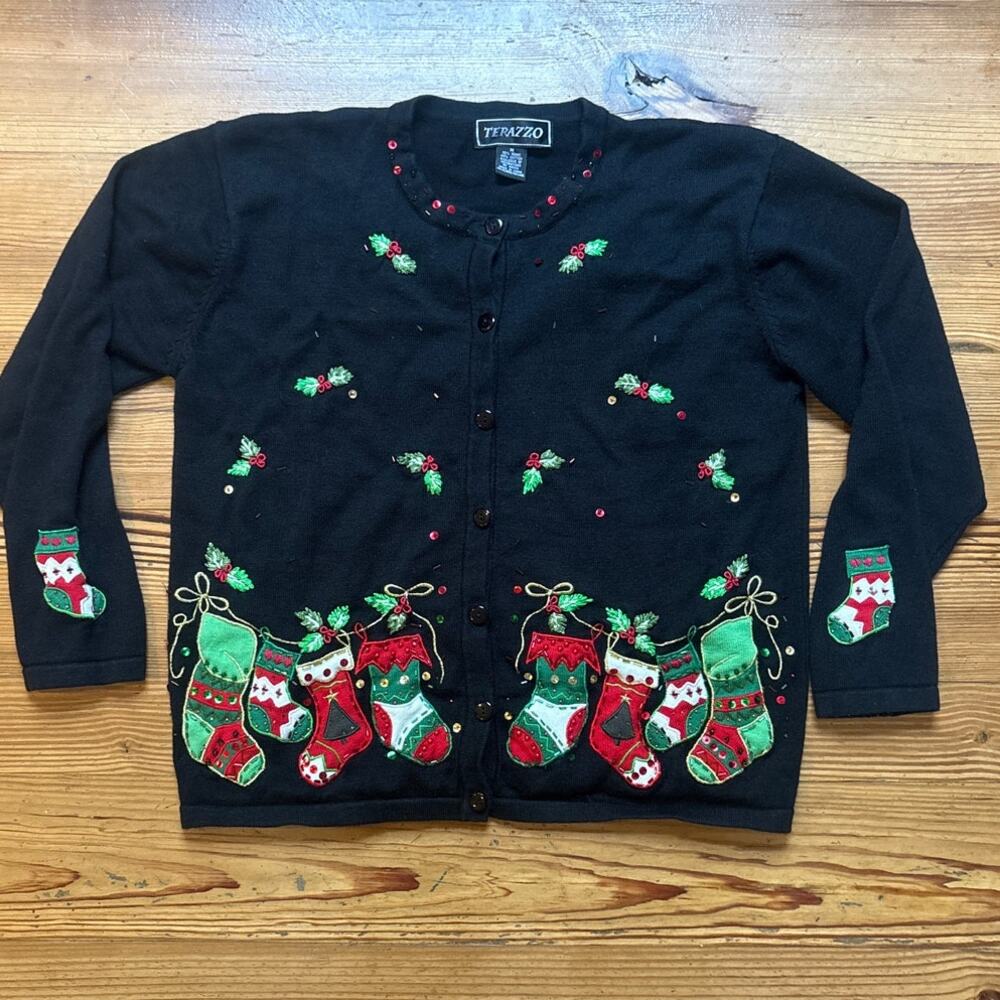 Terazzo black Christmas knit cardigan stocking mistletoe sweater SIZE M